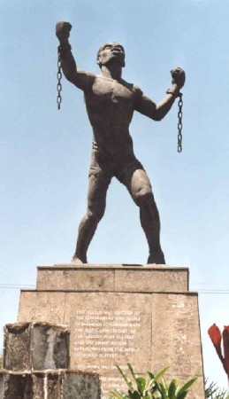 Emancipation Statue, known as the "Bussa" statue, erected in Barbados in 1985 near Bridgetown, 169 years after Bussa led a slave revolt in Barbados in 1816.