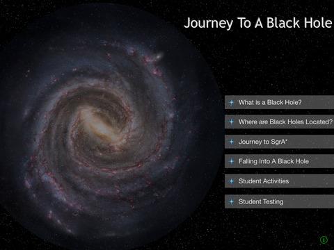 Opening screen of Journey to a black hole app