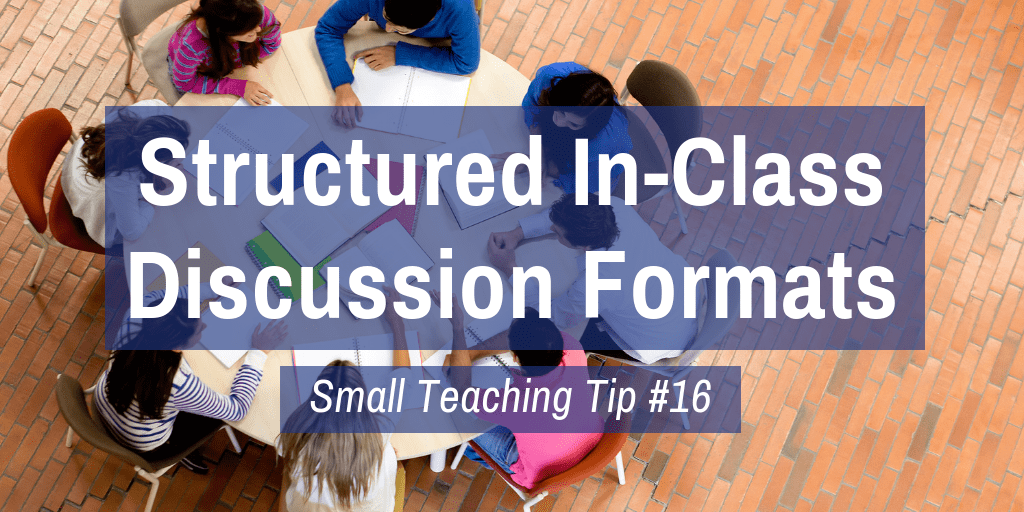 Image of students sitting around a table talking with the words Structured In-Class Discussion Formats Small Teaching Tip #16