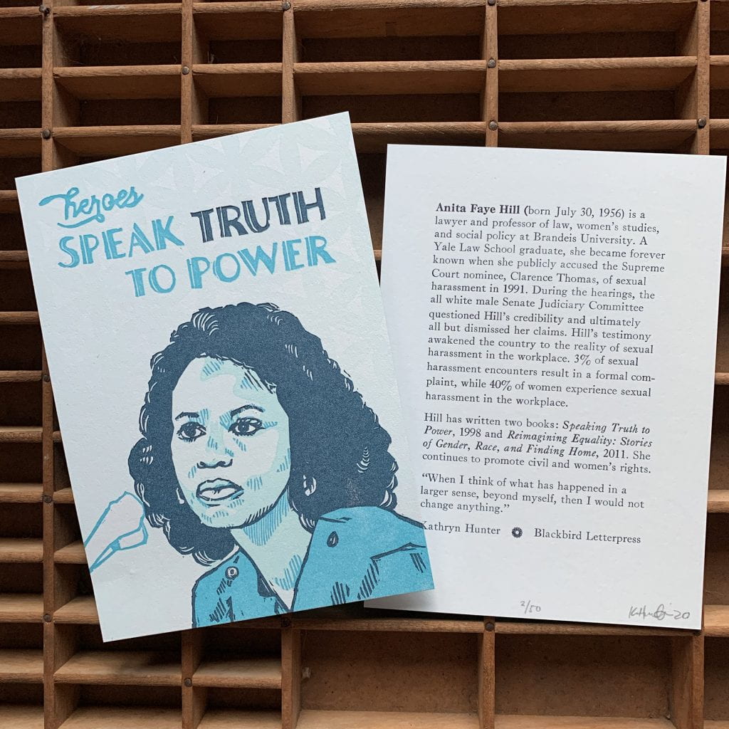 Anita Hill Letterpress print, rendered in shades of blue and featuring text that reads "Speak Truth to Power"
