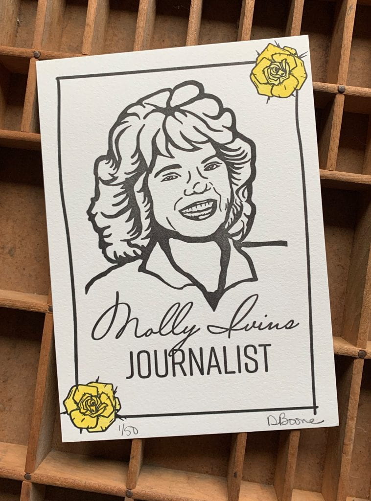 Molly Ivins portrait letterpress print with yellow floral accents