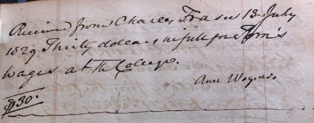 A handwritten receipt for $30 paid by Charles Fraser to Ann Wagner on 13 July 1829.