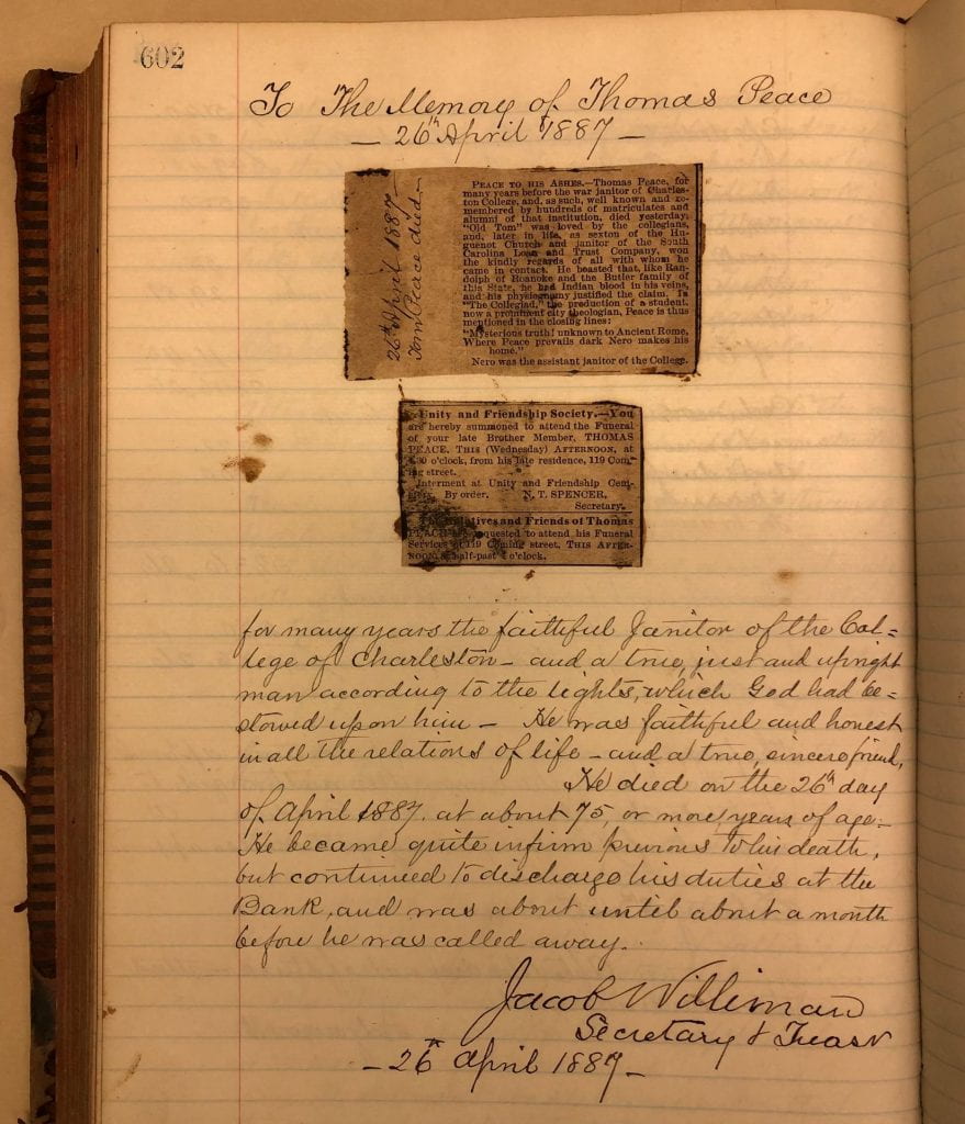 A page with newspaper clippings and handwritten text announcing the death of Tom Peace