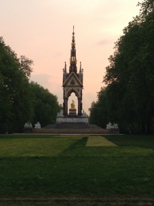 An evening walk in Hyde Park, a rosy sunset highlighting the Prince Albert Memorial.