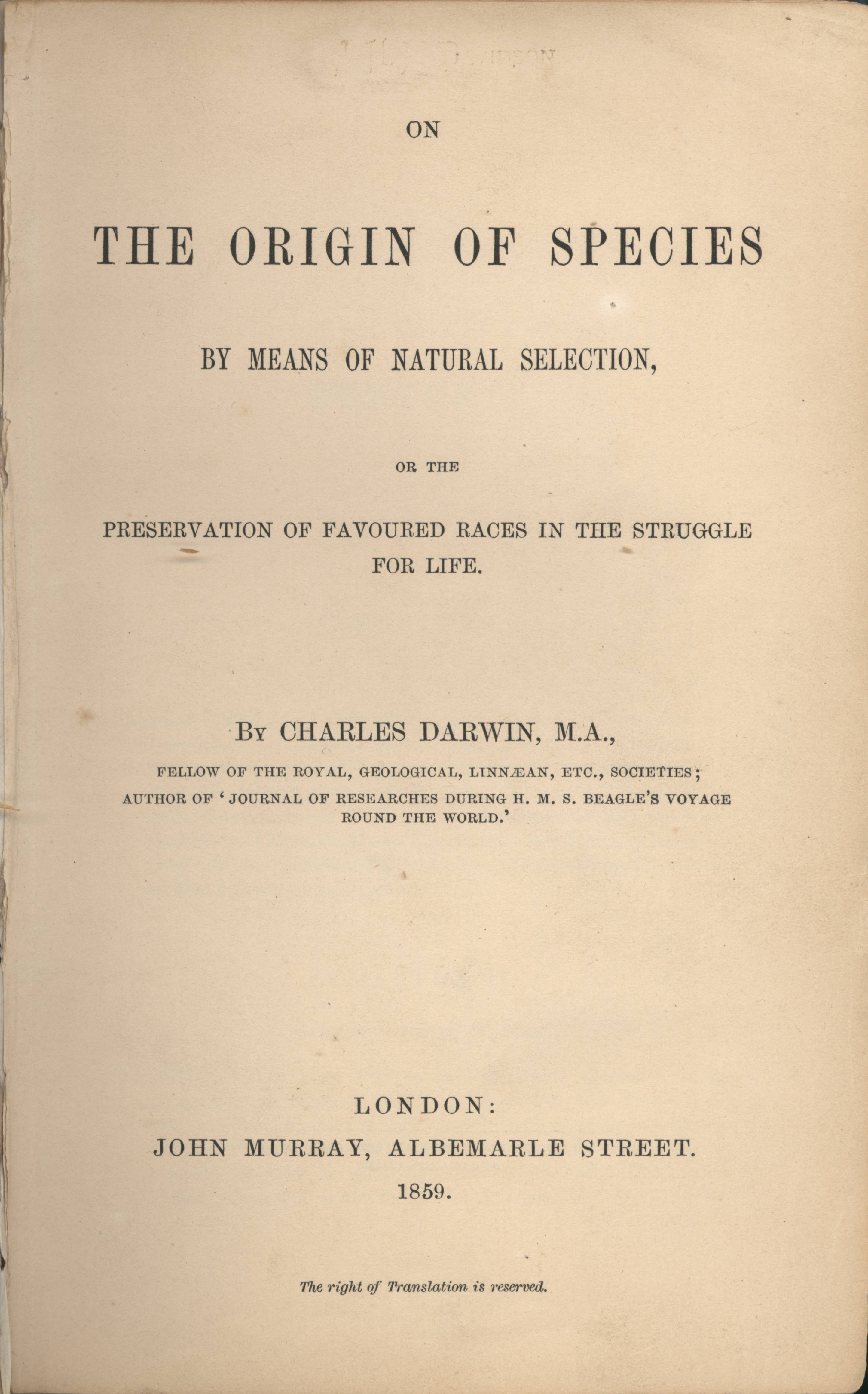 The title page of On the Origin of Species. Image from WikimediaCommons.