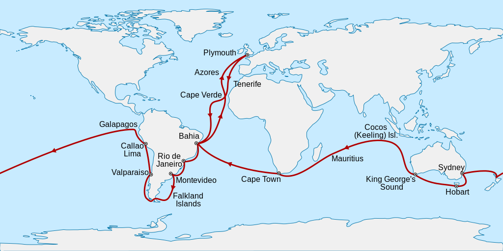 The 5 year journey of the HMS Beagle. Image from WikimediaCommons.