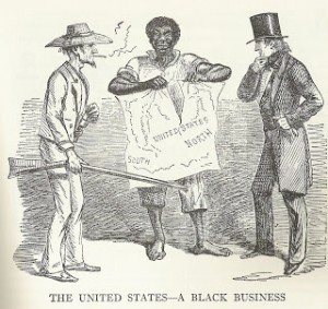 Political Cartoon Depicting the Issue of Slavery and Westward Expansion dividing the country.