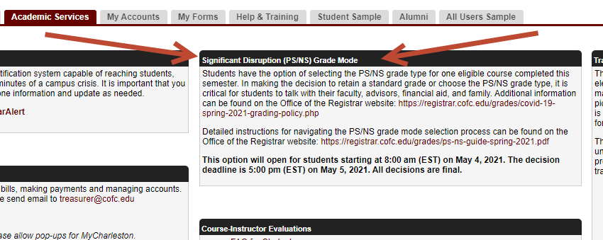 screenshot of ps-ns channel on Academic Services tab in MyCharleston