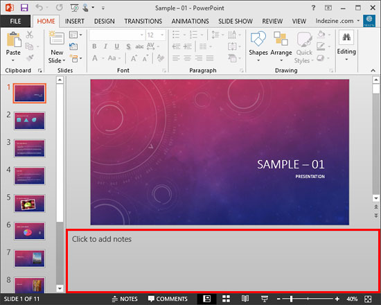 add notes to Powerpoint by clicking inside the notes area underneath each slide. This area can be expanded or collapsed.