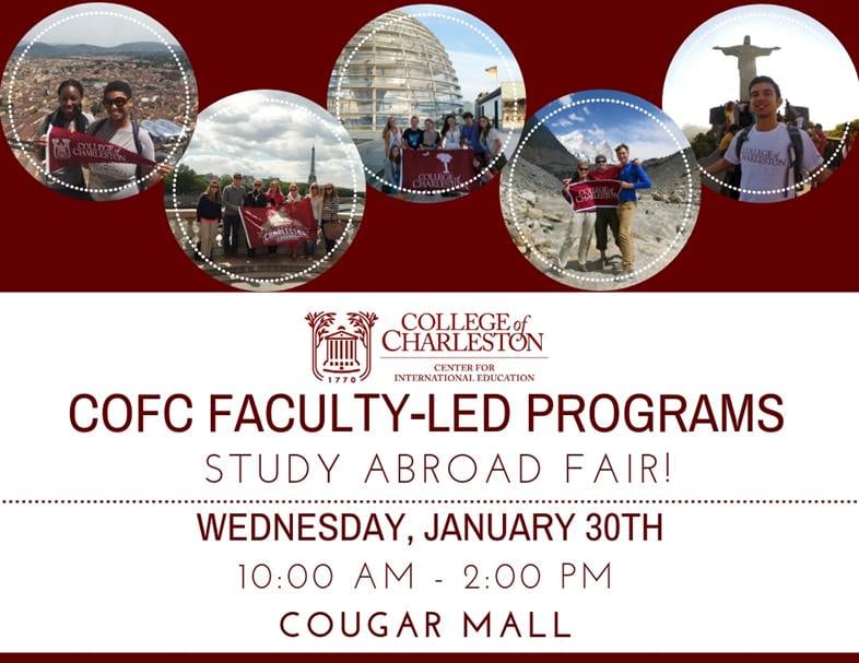 Flyer for Study Abroad Fair, Wednesday Jan 20 from 10 to 2 in Cougar Mall