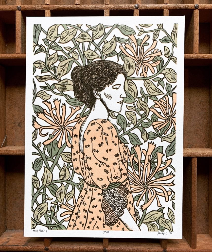 portrait letterpress print of May Morris standing among flowers