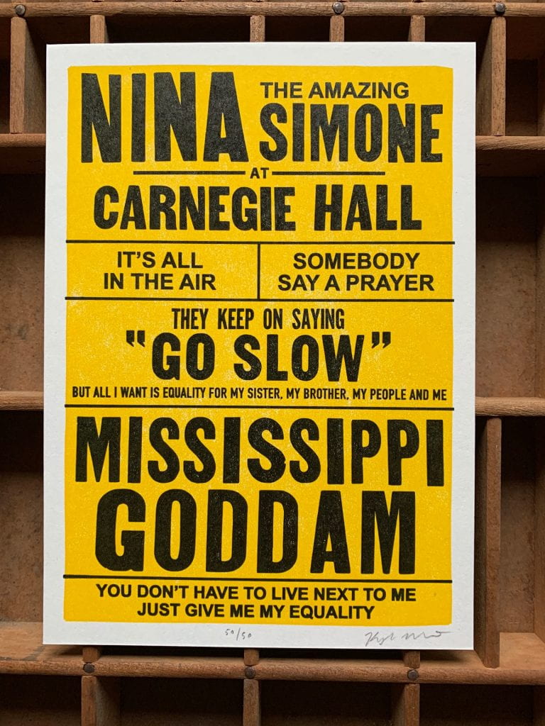 Yellow and black letterpress print designed to look like a Nina Simone concert flyer at Carnegie Hall