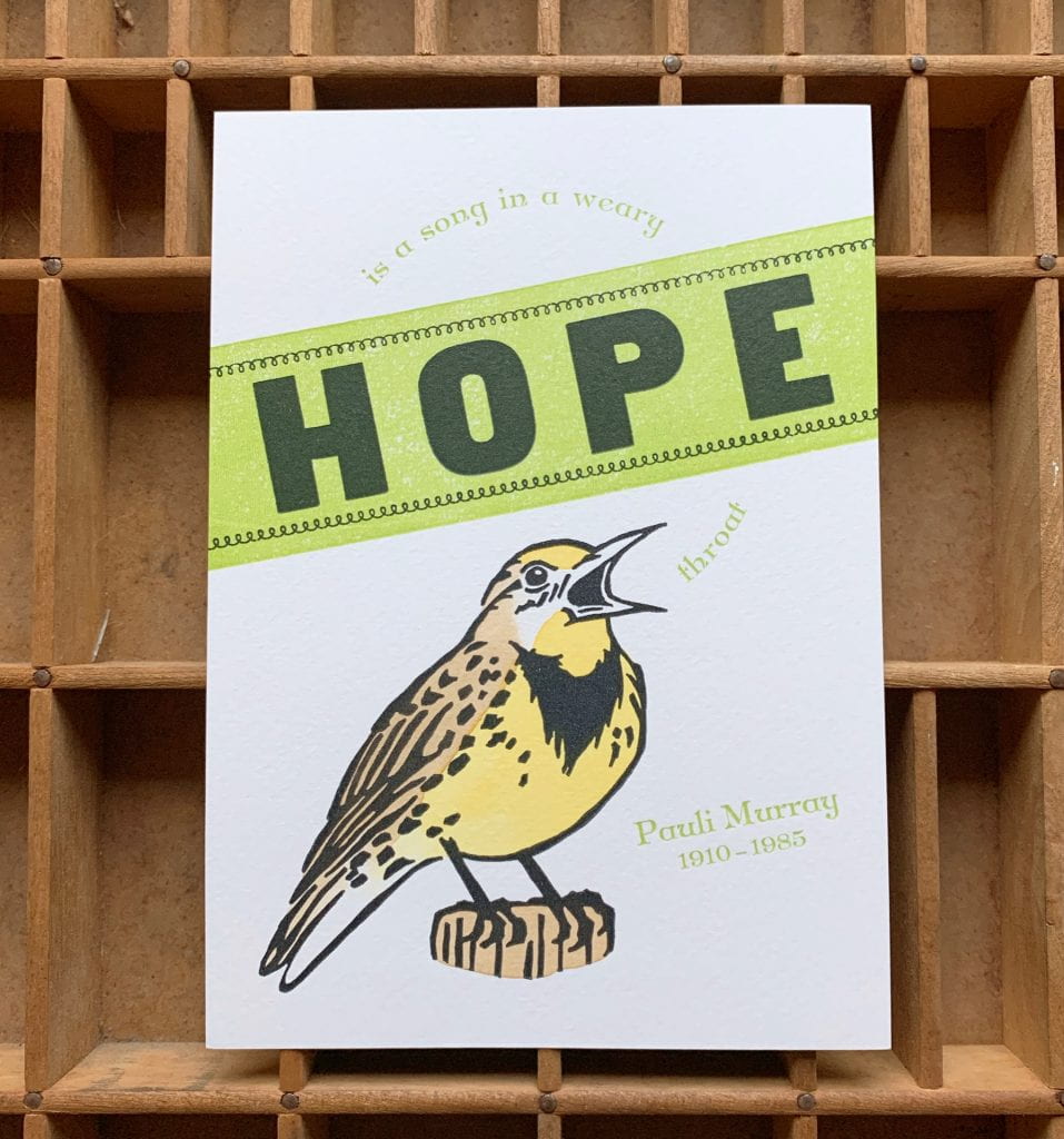 Pauli Murray letterpress print featuring a large yellow bird and the world "HOPE"