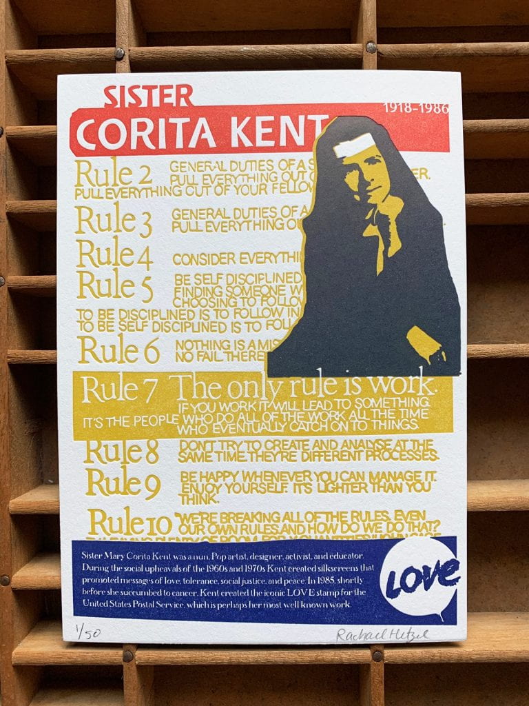 Sister Corita Kent letterpress print featuring a portrait and her famous rules of design